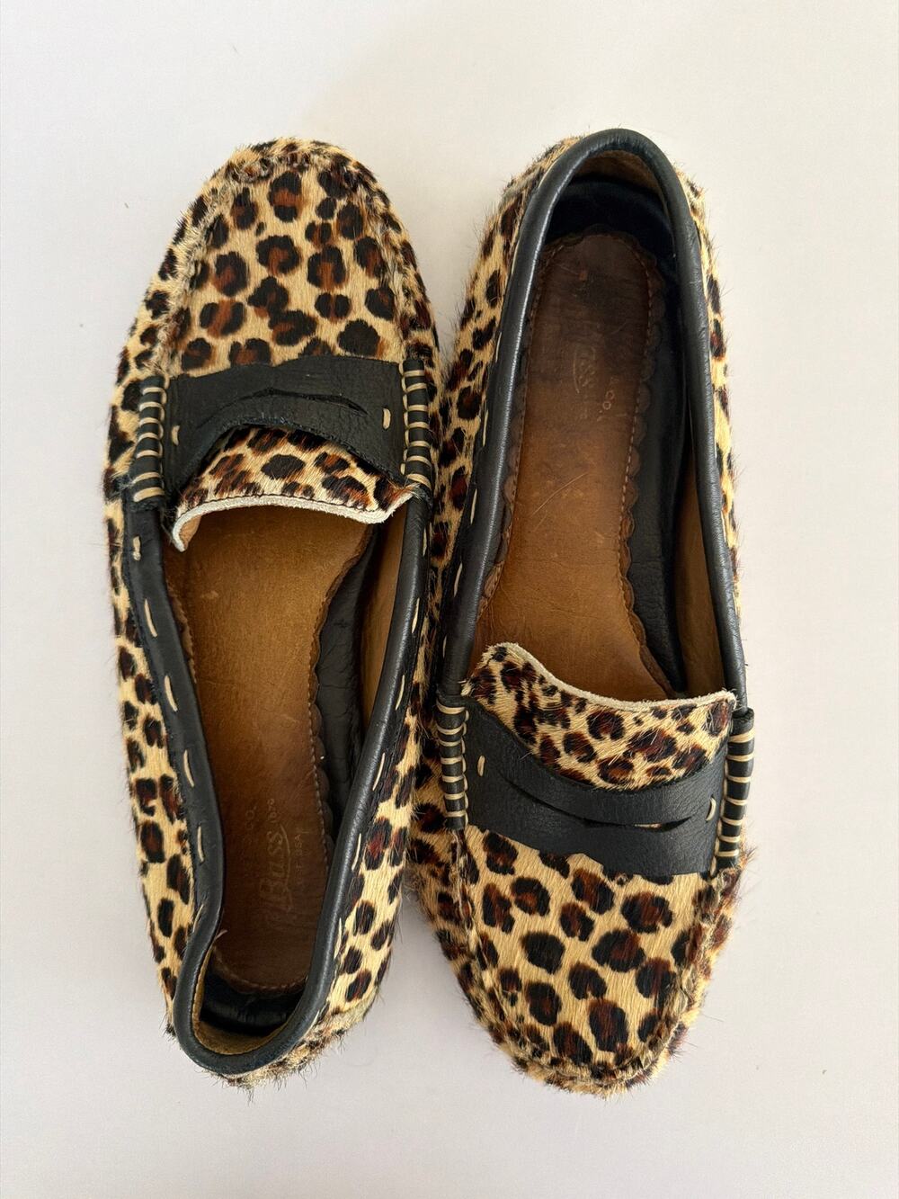 Bass Weejuns Leopard Calf Hair Driving Loafers Womens 8M Animal Print Leather